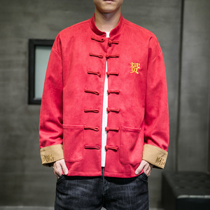 麂皮绒外套男春季潮牌复古唐装中式上衣中国风男装春装男士夹克