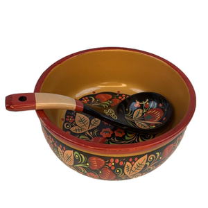 草莓花民族风纯木印花手工奶茶碗  圆形   中式  复古 带勺子