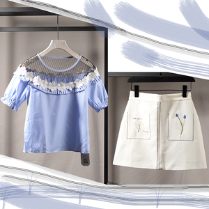 创美生活系列商场撤柜专柜品牌折扣店女装夏款衬衫短裙两件套套装