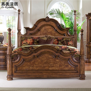 美式乡村全实木罗马四柱床复古主卧经典雕花婚床1米8双人大床别墅