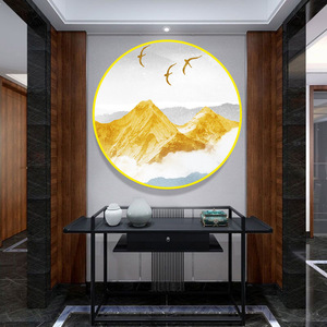 风水聚财招财金山银山贴画新中式玄关书房客厅自粘壁画圆形装饰画