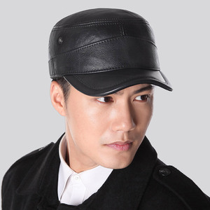 头层牛皮 真皮帽子男冬季 中年人平顶帽户外护耳 冬天皮帽子男士