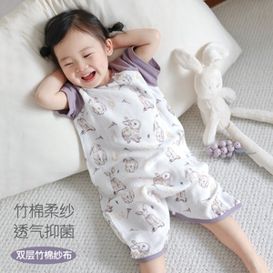 夏季双层竹棉纱布连体睡衣宝宝家居服婴儿睡袋儿童短袖睡裙亲子装