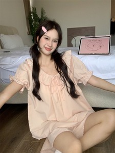 韩版夏季荷叶边纯棉麻睡衣女粉色娃娃领短袖公主风家居服套装睡裙