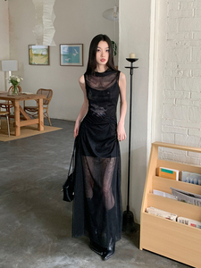 新中式"墨恋"黑色优雅网纱修身显瘦开叉连衣裙女抽褶中长款背心裙