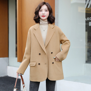 短款羊毛双面呢大衣女2021年秋冬季驼色韩版宽松休闲西装呢子外套