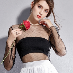 网纱打底衫女长袖透明蕾丝内搭网状镂空网格薄纱渔网春秋透视上衣