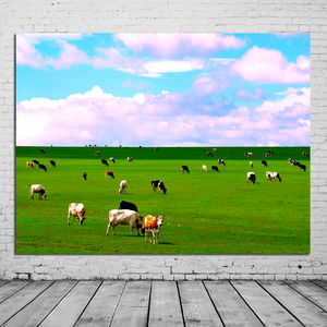 草原风景装饰画海报定制田园风光图挂画蓝天白云草地牛羊墙贴壁画
