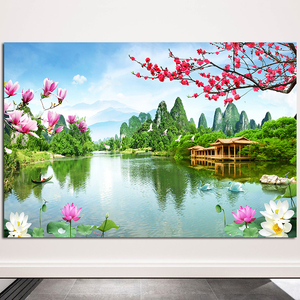 桂林山水风景画客厅沙发电视背景墙自粘画荷花青山绿水装饰画壁画