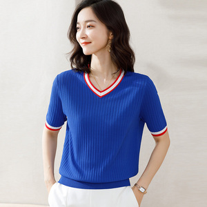 v领短袖丅t恤女2021年新款女装韩版减龄上衣薄款时尚针织小衫夏季
