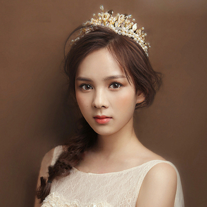 中式大皇冠欧美新娘复古奢华风结婚婚纱头饰配饰品巴洛克金色树叶