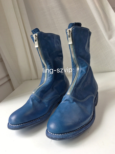 手工限定色新款 guidi马皮靴310 蓝色水洗复古做旧马丁靴粗跟女鞋
