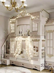 豪华公主城堡床实木奢华女孩床高低床定制 上下同宽双层床房子床