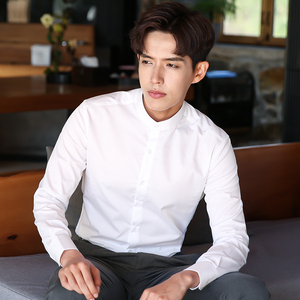 立领白衬衫男士长袖商务正装修身上班工作服职业装圆领白色男衬衣