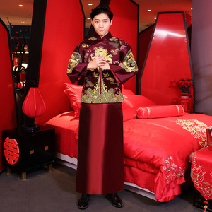 2018中式婚礼礼服明星秀禾服刺绣龙凤褂男装新郎敬酒服唐装马褂