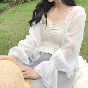 韩版白色雪纺防晒开衫衬衣2024大码胖妹妹夏季宽松披肩外搭上衣潮