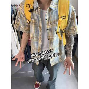 vintage黄蓝格子短袖衬衫男夏季薄款美式复古格纹衬衣高级感外套