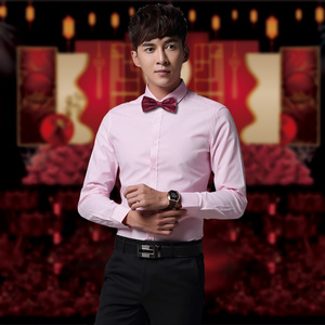 夏新郎伴郎结婚衬衫男长袖婚礼套装修身商务正装粉色订婚衬衣短袖