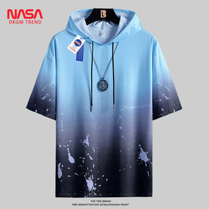 NASA青少年冰丝连帽短袖T恤男宽松夏季新款潮流渐变半袖卫衣上衣