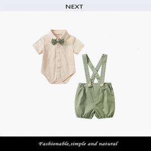 NEXT kiddy夏季男宝宝套装百天周岁婴儿衣服绅士洋气背带裤两件套