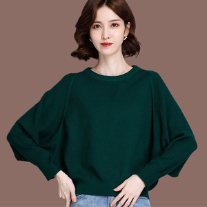 恒源祥羊毛衫女毛衣短款薄时尚洋气蝙蝠袖宽松外穿低圆领针织上衣