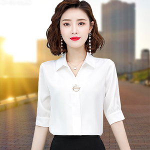 大码白色雪纺衬衫女2024春夏韩版中袖洋气上衣高级感职业显瘦衬衣