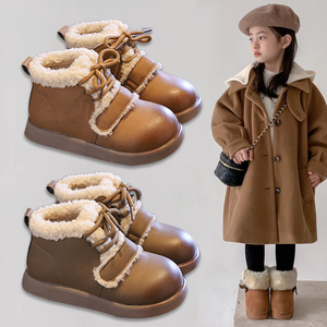 女童加绒加厚棉鞋2023新款儿童软底防滑低筒短靴女孩羊羔毛雪地靴