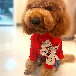 手工定制-哈尼原创设计时尚潮流大红色不二家拼接巨贵大型犬衬衫