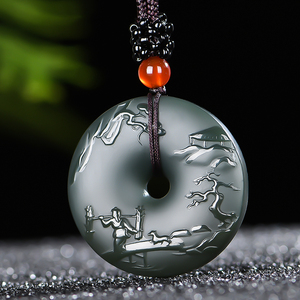 新疆和田玉塔青细料男女款山水平安扣江南美景玉吊坠玉佩玉挂件