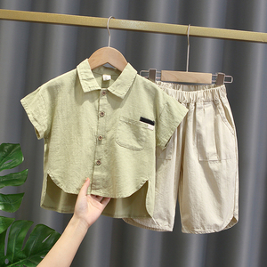 男童棉麻衬衫纯色套装宝宝童装洋气2022新款夏款小童衣服夏季短袖