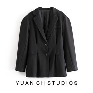 核桃家 2021春装新款小众泡泡袖复古廓形黑色短西装外套女西服