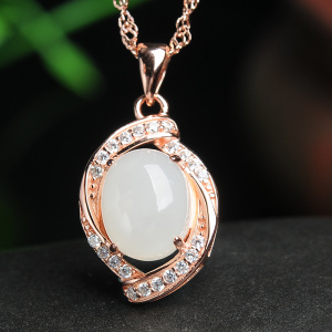 和田玉白玉珠吊坠 时尚女款玉石挂件925银项链玉坠玉石带证书