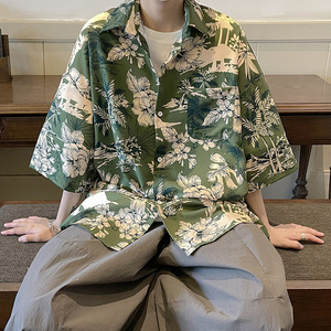 夏威夷墨复古绿色花衬衫短袖男夏季海边沙滩日系冰丝雪纺衬衣防晒