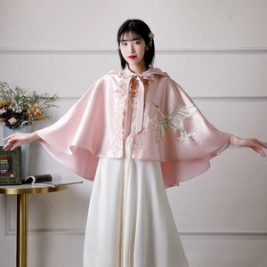 新款丹顶鹤短外套古装汉服披肩百搭复古小坎肩宽松斗篷女披风连帽