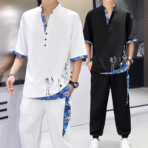 男士夏季冰丝短袖t恤薄款宽松中国风套装时尚民族衣服休闲汉服潮