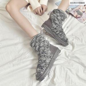 雪靴女地创意韩版学生针针织毛线加加厚防滑冬绒高筒灰色棉鞋