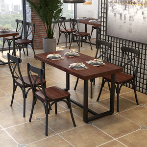 美式实木铁艺餐桌椅组合长方形饭店餐饮咖啡小吃店餐馆餐厅长条桌