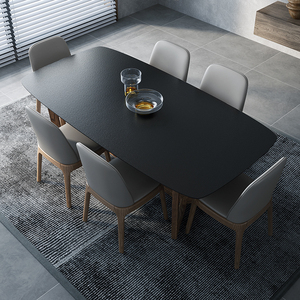 火烧石餐桌北欧实木黑色大理石餐桌椅组合现代简约长方形家用饭桌