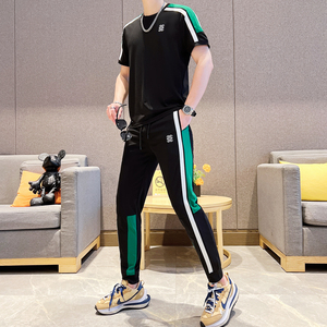 夏季新款拼接刺绣男士韩版个性时尚青年短袖T恤休闲运动套装长裤