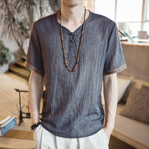 夏季男装复古中国风唐装棉麻料短袖T恤亚麻布纯色半袖大码打底衫