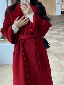 2023冬新款韩版宽松羊毛呢子外套潮中长款红色腰带双面羊绒大衣女