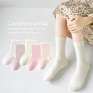 秋冬儿童袜子纯色甜美女童中筒袜中大童棉袜袜素色罗松口推推袜