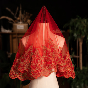 新娘结婚红盖头中式婚礼半透明头纱软纱秀禾服镶边中国风头纱头饰