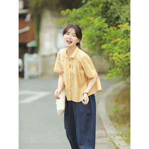 黄色格子短袖衬衫女夏季法式小香风短款上衣夏款日系别致甜美衬衣
