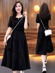 黑色短袖连衣裙2024年女新款夏季洋气质雪纺高级感A字裙长款裙子