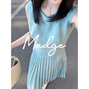 S.andro Madge法式优雅气质蓝色无袖连衣裙夏季修身显瘦百褶裙ins