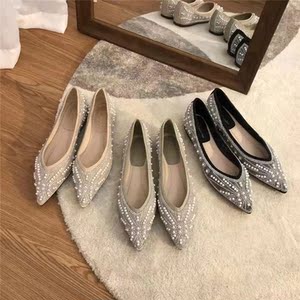 bling仙女气质显瘦尖头珍珠平底单鞋女2021春款时尚浅口奶奶瓢鞋