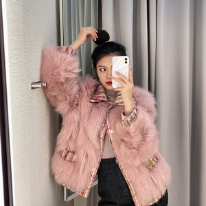 皮草外套女冬2020新款粉色年轻百搭时尚风小香皮毛一体派克服减龄
