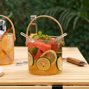 夏季情侣缤纷水果茶桶双吸管手提玻璃饮料桶商用啤酒冰桶户外野餐