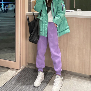 网红香芋紫时尚休闲卫裤女2020秋冬新款宽松松紧腰九分束脚哈伦裤
